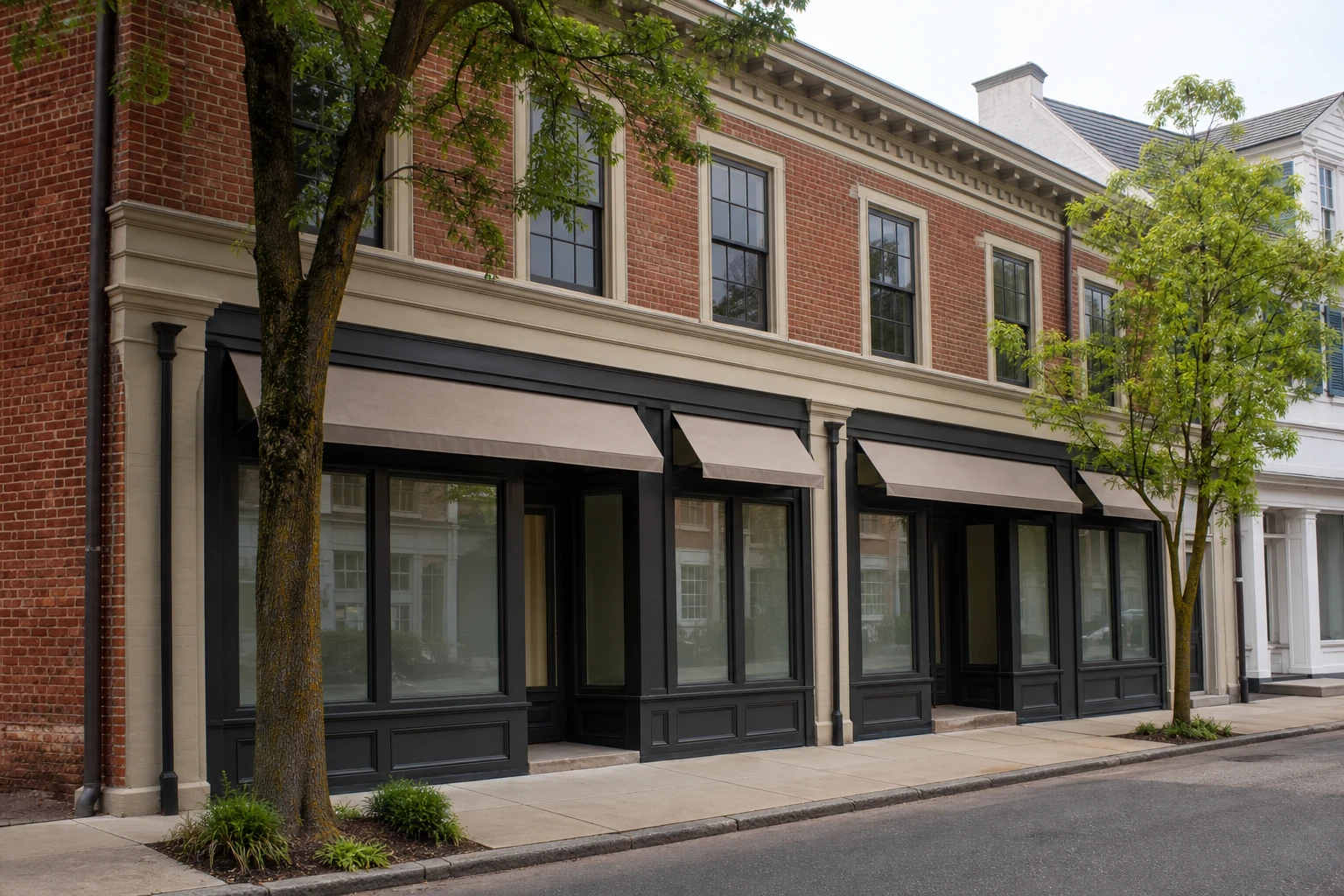 Painted brick commercial facade with charcoal storefront frames