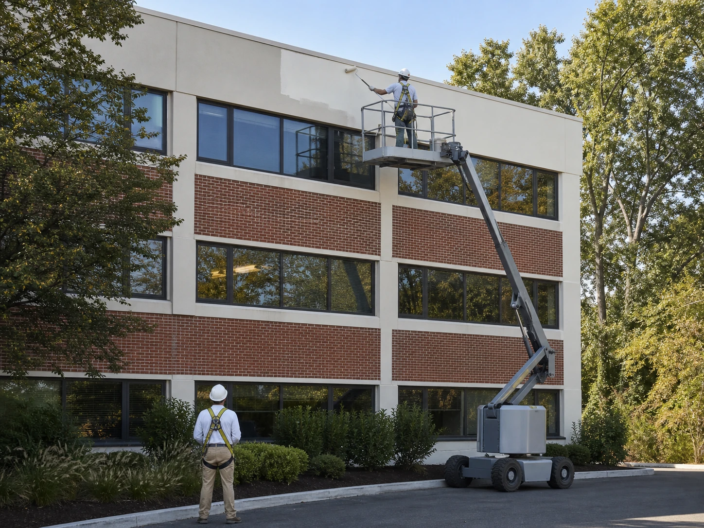 Commercial exterior painting from a compact boom lift