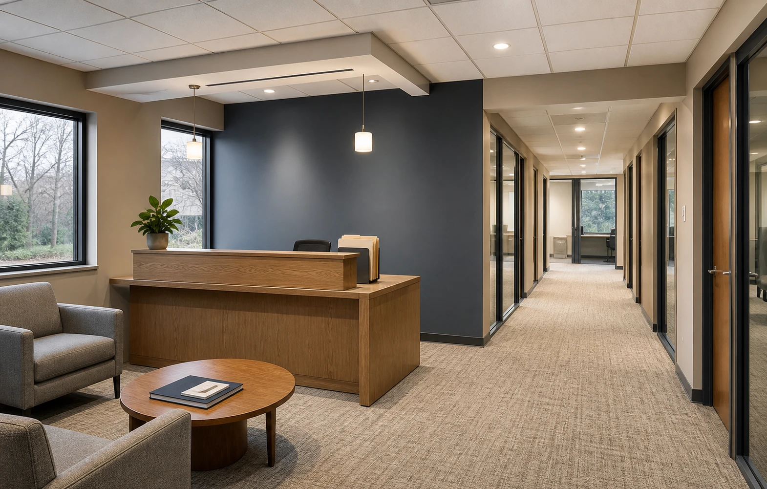 Finished commercial office reception and corridor