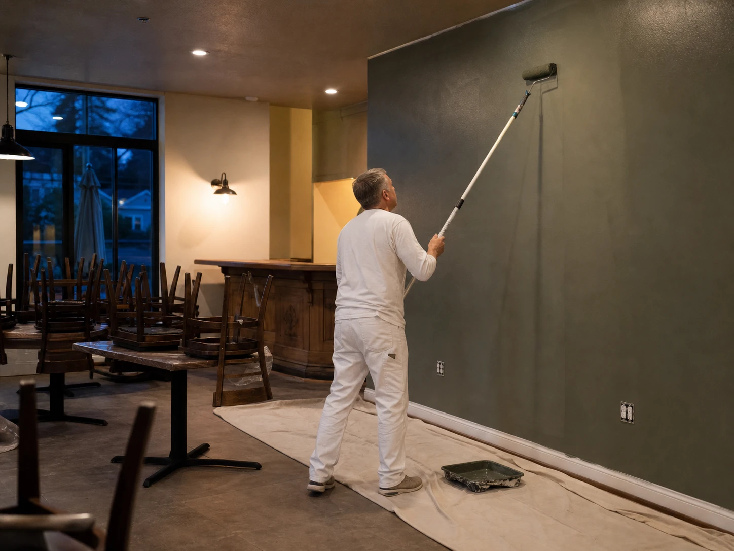 Painter applying a muted olive finish in an unoccupied restaurant