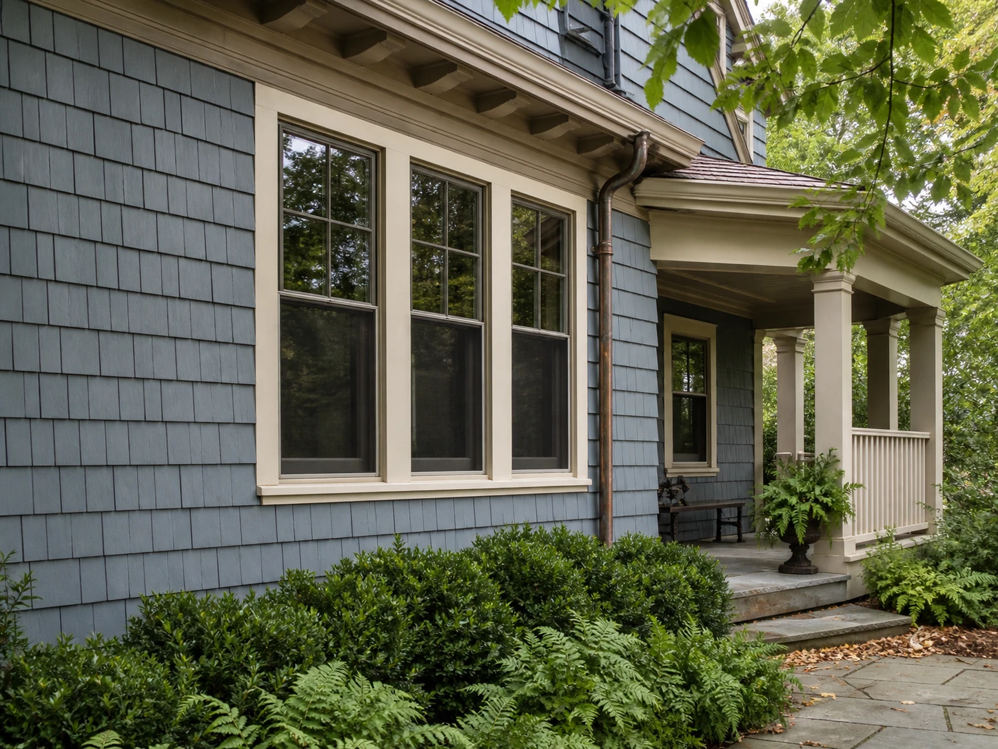 Blue-gray painted shingle siding and cream porch trim