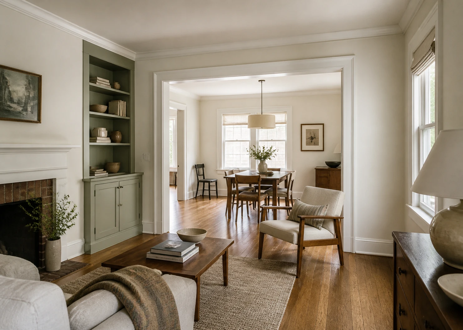 Refined painted residential living and dining interior