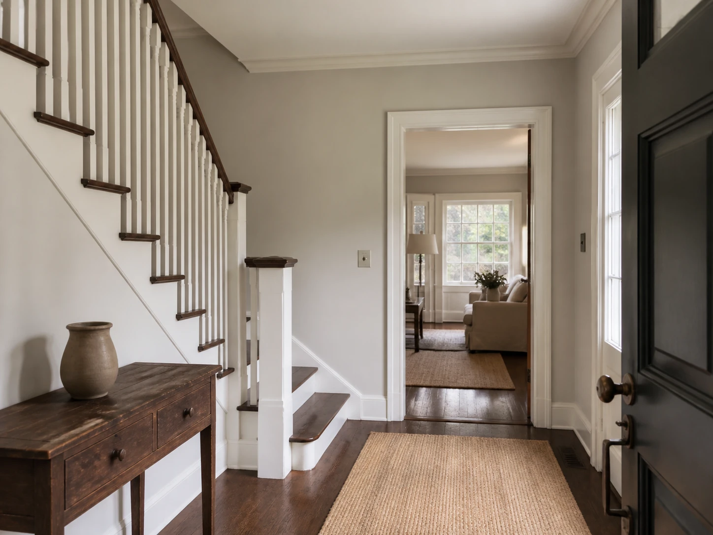 Painted stair hall with white trim and a warm gray wall finish