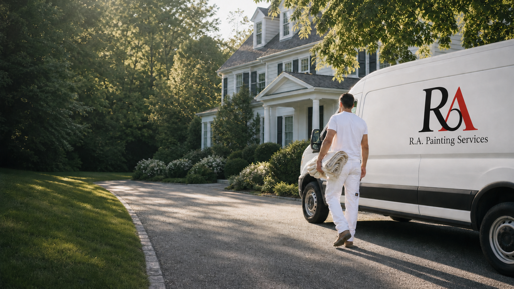 Painter arriving at a residential property beside an R.A. Painting van